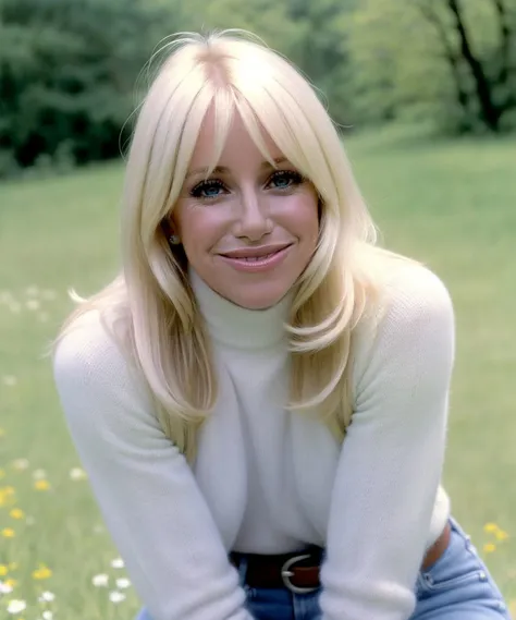 Incredibly beautiful masterpiece, The Perfect Blonde. SuzanneSomers, a woman standing in an iconic upper body pose, studio grade photography, movie star photo, 1970s hairstyle, 1970s (colorful tailored skirt and blouse), from side profile, looking back, smile, upper teeth, <lora:SuzanneSomers_SD15_v1.0:1>