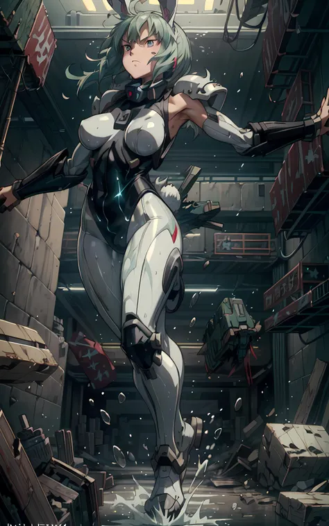 ((masterpiece)), (best quality), official art, extremely detailed CG unity 8k wallpaper, highly detailed, powered armor, <lora:add_detail:0.45>, <lora:Ghost in the Shell Style:0.65>, <lora:hairdetailer:0.4>, <lora:mecha_offset:0.55>, full armor, solo, one girl, 1 girl, (WHITE bunny ears), mecha musume, green hair, red eyes, <lora:Latex V4:0.25>, punching, dust plume, boosters, fuel tanks, angry expression, battlefield, death from above, explosions, sparks, jumping at viewer, hard impacts, speed lines, shoulder bash, weapon in hand, knife, violent, Motion lines, kicked up debris, water splash, bodysuit,