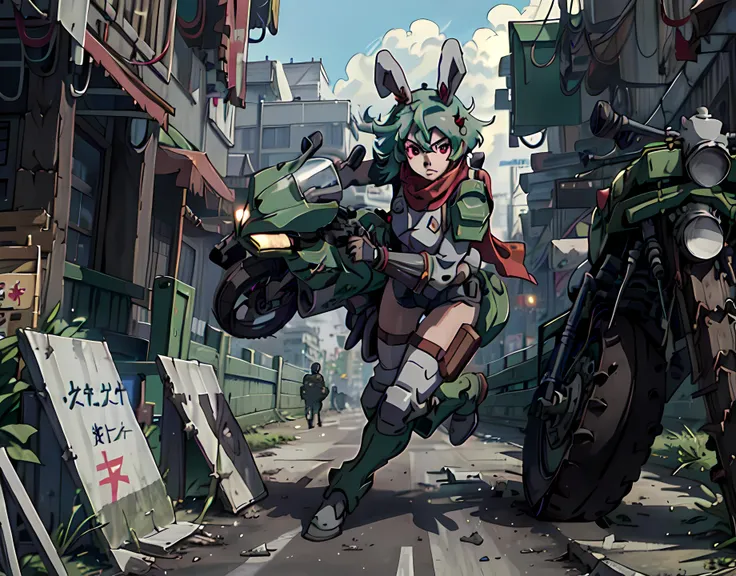 <lyco:abs-3:0.5>, white smoke, dust, debris, torn asphalt, motorbike slide, on motorcycle, riding motor vehicle, <lora:ReisenV1:0.2> reisen, rabbit ears, military uniform, solo, manga, (green hair), (red eyes), isometric, brass, white, holster, heavy machinery, shoulder pads, armor, scarf, window to space, space station, zero g, zaku II, gundam, <lora:Ghost in the Shell Style:0.35>, jojo pose, solo, <lora:add_detail:0.25>, female, one girl <lora:mecha_offset:0.25>, Full armor, mecha musume, greebles, detailed, two legs, clear face, floating, shell casings,
