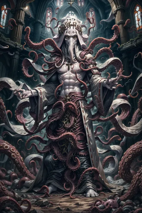 <lora:flat2:-1>, muscular, church, <lora:mindflayer:0.5>, mindflayer, (white tentacles:1.2), monster, alien, <lora:Clothing - Tentacle Armor:0.6>, white tentacle4rmor, (priest robe:1.2), (white skin, squid:1.4), cross