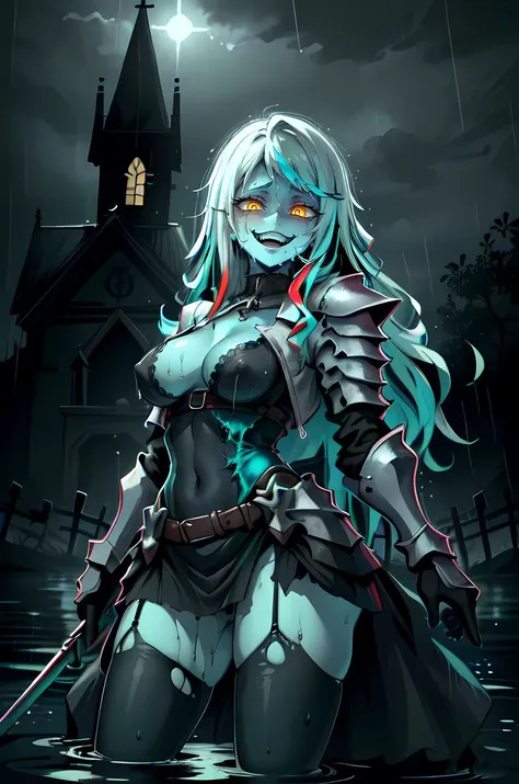 (Horror-themed masterpiece:1.2), (best quality:1.2), (1girl, zombie girl, monster girl), colored skin, melting, (furry female:0.85), gray skin, corruption, (horror), green clothes, torn clothes, sexy knight armor, revealing clothes, plunging neckline, (deep cleavage), sexy stockings, black stockings, great sword, (turquoise, streaked hair:1.2), wavy long hair, (yellow eyes:1.2), (glowing eyes:1.2), medium boobs, medium breasts, pussy, perfect pussy, (leaking pussy:1.3), perfect legs, edgGesugao, grin, evil smile,edgGesugao facial expression, sadistic smile, midnight, (church in background:1.2), (rain and puddles in background:1.2), outdoors, no panties, (horror \(theme\):1.5), <lora:edgGesugao:0.8>