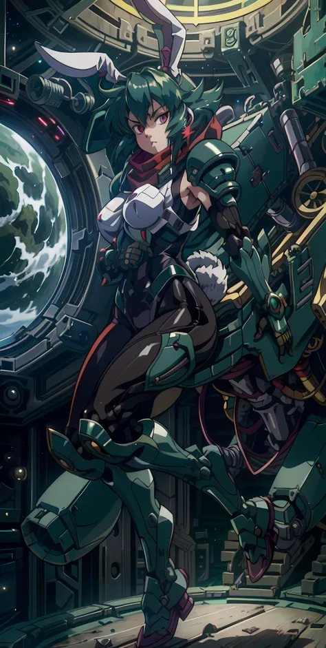 <lora:ReisenV1:0.5> reisen, rabbit ears, military uniform, solo, manga, headshot, bust, (portrait), (green hair), (red eyes), isometric, brass, white, holster, heavy machinery, shoulder pads, armor, scarf, window to space, space station, zero g, zaku II, gundam, <lora:Ghost in the Shell Style:0.65>, in space, jojo pose, solo, floating, <lora:add_detail:0.4>, female, one girl <lora:mecha_offset:0.98>, Full armor, mecha musume, greebles, detailed, two legs, clear face, floating, shell casings,