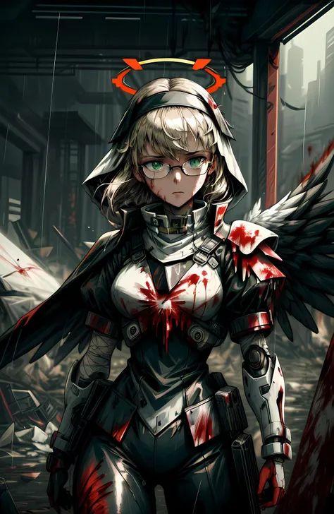 ((far away view)) ,(masterpiece, best quality, high quality, highres, ultra-detailed), <lora:add_detail:1.4> ,<lora:AMechaSSS[color_theme,mecha musume, mechanical parts,robot joints,headgear]:0.8> , Female, solo,  dark blond hair, small breasts, nun outfit, mechanical parts, mecha musume, (combat stance), halo,huge white feathered wings,ruins, explosions,((blood on face)),((blood on body)),((dripping blood)),((damaged)),((bandages)),(dirty), (injured), (glasses), green eyes, sci-fi, cyberpunk, high contrast, rain, demons, fighting,((dead bodies)),((corpses))