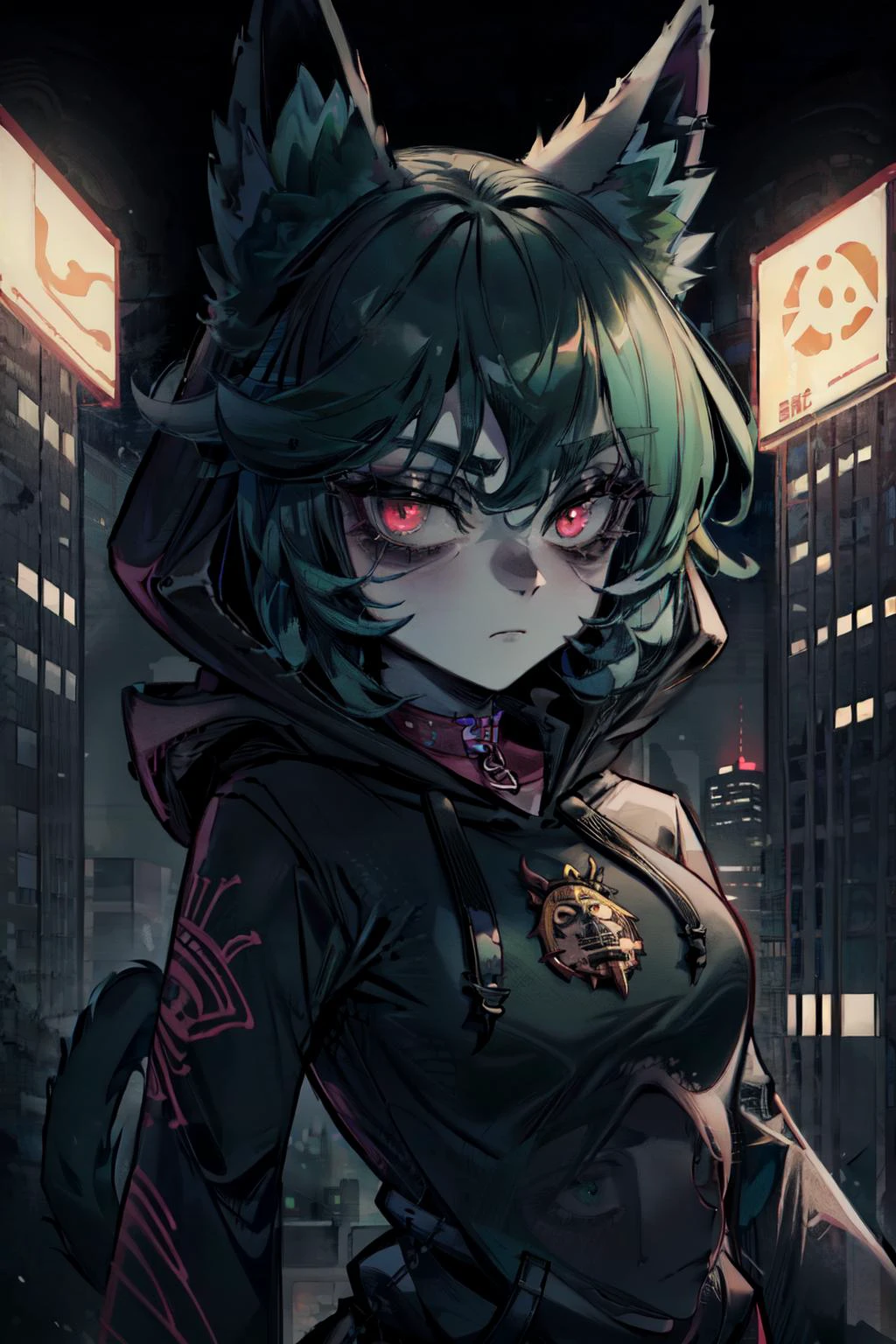 original-art, inked, lineart, masterpiece, best quality, 1girl, <lora:Mild detail adjusterV10:0.8>, <lora:betterEyes:0.3>, vex <lora:vex3:0.7>, grey skin, hoodie, goth, cat ears, bored face, dark green hair with black, city at night background, <lyco:EnvyGoth01:1>, <lora:bags under eyes:0.7>