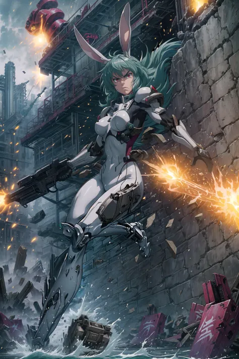 ((masterpiece)), (best quality), official art, extremely detailed CG unity 8k wallpaper, highly detailed, powered armor, <lora:add_detail:0.45>, <lora:Ghost in the Shell Style:0.65>, <lora:hairdetailer:0.4>, <lora:mecha_offset:0.55>, full armor, solo, one girl, 1 girl, (WHITE bunny ears), mecha musume, green hair, red eyes, <lora:Latex V4:0.25>, punching, dust plume, boosters, fuel tanks, angry expression, battlefield, death from above, explosions, sparks, jumping at viewer, hard impacts, speed lines, shoulder bash, weapon in hand, knife, violent, Motion lines, kicked up debris, water splash, bodysuit,