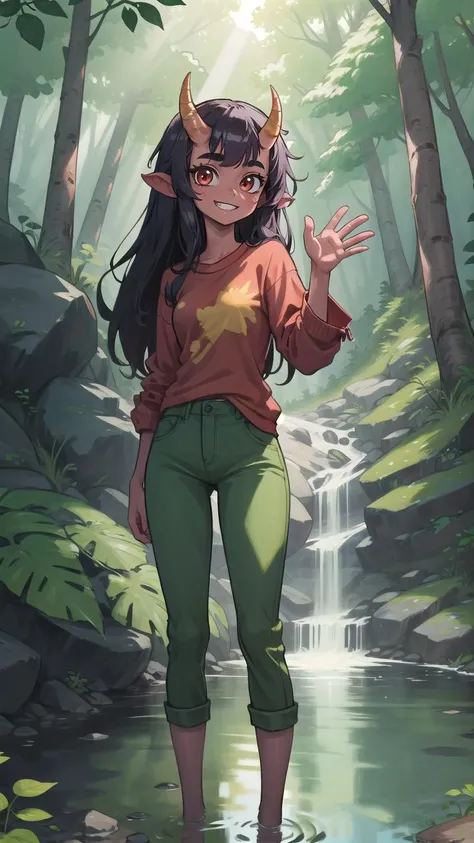 (masterpiece, best quality:1.1), (1girl, solo:1.1), long hair, looking at viewer, night, colored skin, red skin, horns, shirt, pants, outdoors, national forest, hiking trails, camping, wildlife, streams, towering trees, babbling brooks, lush foliage, rocky terrain, tranquil atmosphere, grin, standing, crossed legs, hand up, waving, (aura,flowing,sunbeam:1.05)