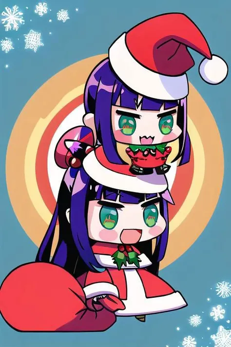 Design a Padoru version of Adashino Benio from 'Twin Star Exorcists' dressed in a Santa outfit for the holiday season. Ensure she wears a Santa hat, a cheerful expression, and attire reminiscent of Santa Claus. Capture Adashino Benio's features and personality in a cute, chibi-style representation while embodying the essence of the Padoru meme. Let the design reflect her character traits while radiating the joy of the festive season