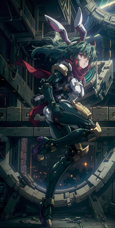 <lora:ReisenV1:0.5> reisen, rabbit ears, military uniform, solo, manga, headshot, bust, (portrait), (green hair), (red eyes), isometric, brass, white, holster, heavy machinery, shoulder pads, armor, scarf, window to space, space station, zero g, zaku II, gundam, <lora:Ghost in the Shell Style:0.65>, in space, jojo pose, solo, floating, <lora:add_detail:0.4>, female, one girl <lora:mecha_offset:0.98>, Full armor, mecha musume, greebles, detailed, two legs, clear face, floating, shell casings,