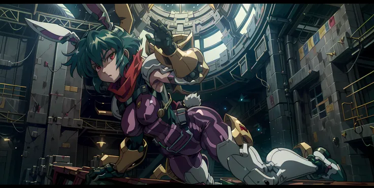 <lora:ReisenV1:0.5> reisen, rabbit ears, military uniform, solo, manga, headshot, bust, (portrait), (green hair), (red eyes), isometric, brass, white, holster, heavy machinery, shoulder pads, armor, scarf, window to space, space station, zero g, zaku II, gundam,  <lora:Ghost in the Shell Style:0.65>, in space, jojo pose, solo, floating,  <lora:add_detail:0.4>, female, one girl <lora:mecha_offset:0.98>, Full armor, mecha musume, greebles, detailed, two legs, clear face, floating, shell casings,