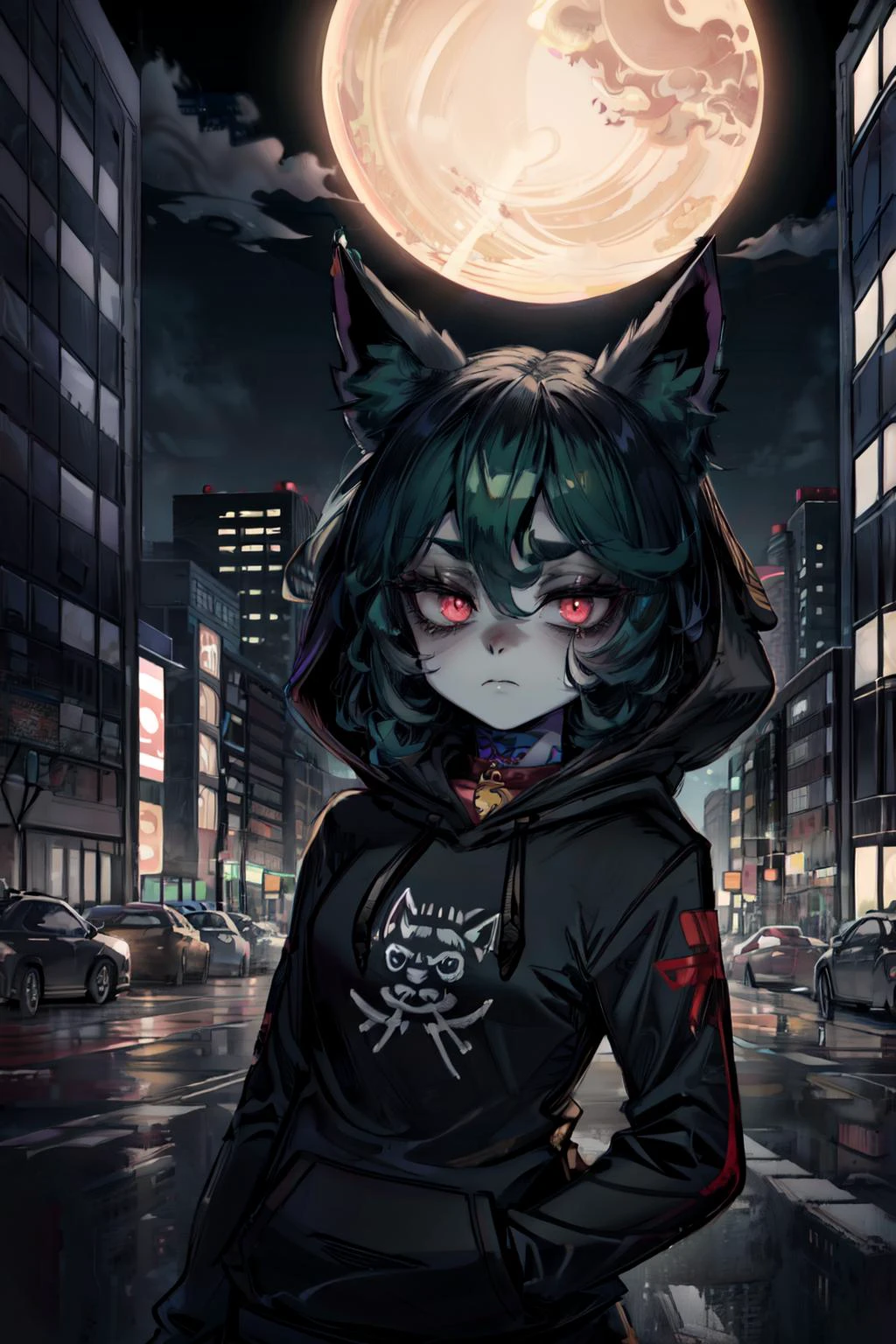 original-art, inked, lineart, masterpiece, best quality, 1girl, <lora:Mild detail adjusterV10:0.8>, <lora:betterEyes:0.3>, vex <lora:vex3:0.7>, grey skin, hoodie, goth, cat ears, bored face, dark green hair with black, city at night background, <lyco:EnvyGoth01:1>, <lora:bags under eyes:0.7>