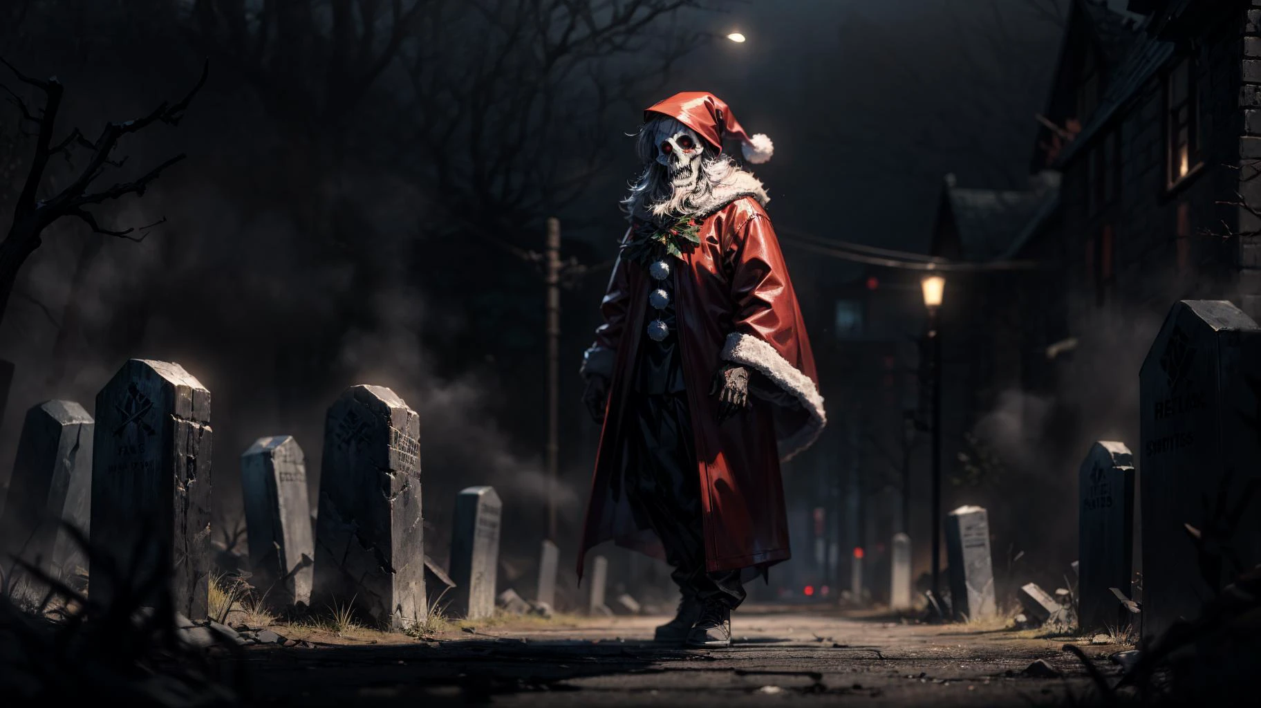 (volumetric lighting, best shadows, dark art, creepy atmosphere), surreal, horror theme, (otherwordly:1.5), BREAK, (sinister undead slender santa), nightmarish landscape, air seemed to thicken and suffocate, a void that swallowed reason and sanity otherworldly, despair, terror, impending doom, fear inducer, heavy fog, loneliness, BREAK, tombstones, apocalipse, doom, <lora:LowRA:0.8>, <lora:add_detail:1>