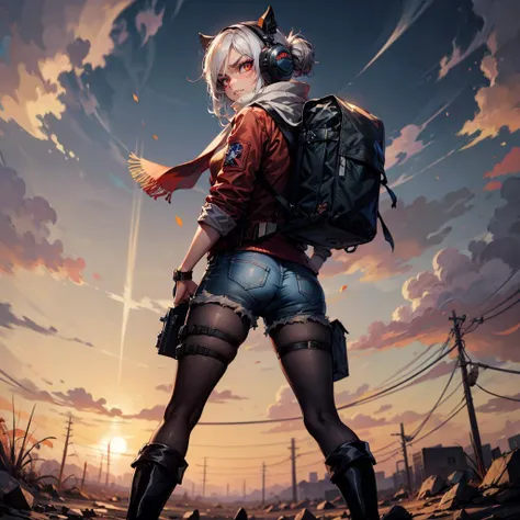 (Masterpiece, best quality), 8k wallpaper, Volumetric Lighting, best shadows, from below, from behind, sharp focus, (1girl:1.1), solo, asymmetrical hair, BREAK, expressionless, sharp teeth, glowing eyes, (smug stare:1.2), red eyeliner, (thick eyebrows:1.1), (good facial proportion:1.2), BREAK, headphones, open colorful jacket, scarf, white t-shirt, shorts, pantyhose, combat boots, backpack, survivor, gun, handgun, BREAK, fallout, wastland, post-apocalypse, ruins, <lora:add_detail:0.7>, cloudy sky,