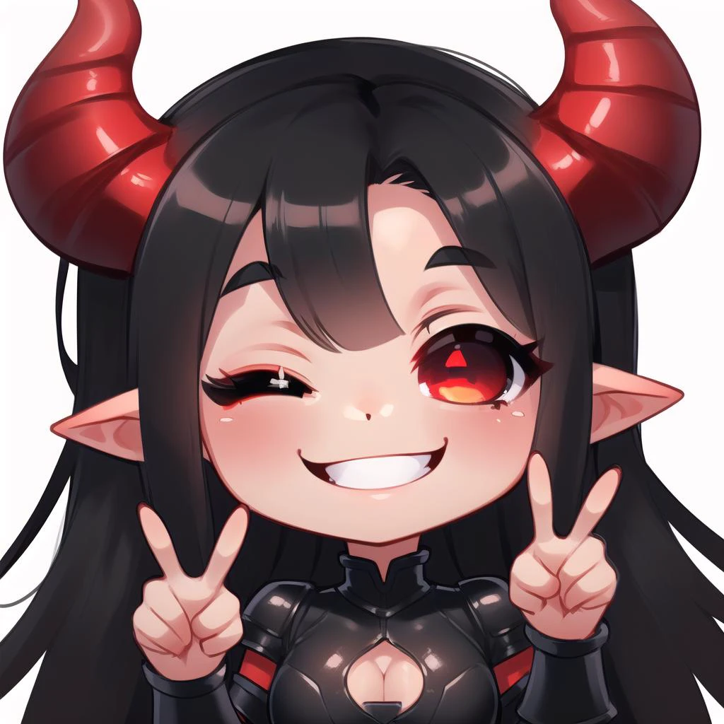 emote: 1.4, close-up, portrait, solo, 1girl, latex armor, cleavage cutout, (long black hair, chibi, monster girl, demon girl:1.4),(colored skin, red skin), (smiling, peace sign, one eye closed:1.4), ((white background)) <lora:EmoteMakerLora:.8>