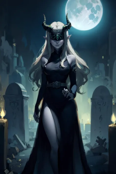 Shemira_AFK, solo, pointy ears, horns, covered eyes, (grey skin:1.1), long dress, belt, confused smile, night, candles, moon, graveyard, tombstones, best quality, masterpiece, ultra high res, detailed skin, high detail,