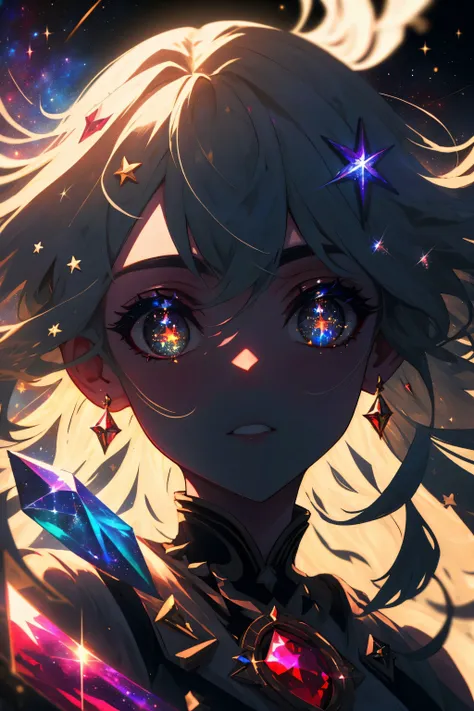 a jasper ruby eye, closeup 1girl face, universe in the mind of the maker, stars, galaxies, a smooth cut gem refracting the infinite light of the universe, absurdres, highres, silhouette of an ancient goddess, hair that sparkles like a million stars in the sky, <lora:beautiful_eyes:0.8>