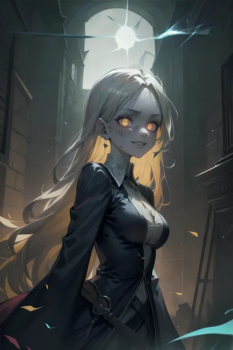 (masterpiece), highres, best quality, detailed pupils, 8k, indoors, castle interior, (specter:1.3), (wraith:1.1), (tilted head:1.3), ethereal:1.2, (partially transparent body, translucid body:1.2), yellow hair, (dirty hair, very long hair, floating hair:1.3), medium breasts, wicked smile, mad, psycho, crazy eyes, tattered clothes, horror, terrifying atmosphere, pikes, swords, (magic sparks:1.3), (flying debris:1.1), glowing eyes:1.2, <lora:add_detail:0.6>,
