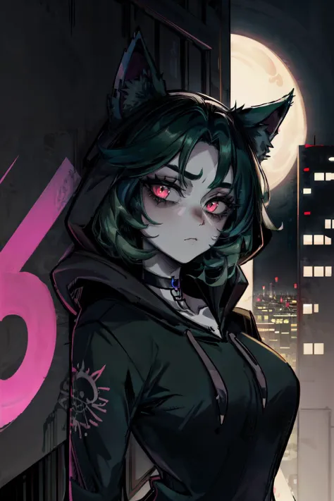 original-art, inked, lineart, masterpiece, best quality, 1girl, <lora:Mild detail adjusterV10:0.8>, <lora:betterEyes:0.4>, vex <lora:vex3:0.4>, grey skin, hoodie, goth, choker, cat ears, bored face, dark green hair with black, city at night background, <lyco:EnvyGoth01:0.8>, <lora:bags under eyes:0.7>