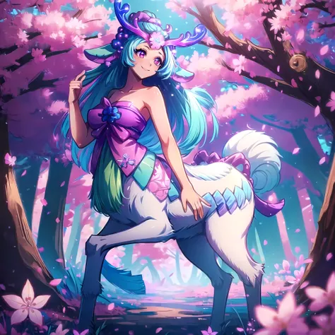 Beautiful, masterpiece, anime, 3d, high quality, absurdres, 8k resolution, 1girl, solo, <lora:SBLilliav0.1CROP50B:0.8>, Lillia, deer centaur, clothes, medium breasts, shiny skin, big detailed eyes, multicolored eyes, smiling, happy, sakura forest background, <lora:add_detail:0.4>, vibrant lighting, vivid colors, <lora:JW:0.5>