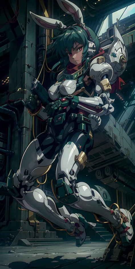 <lora:ReisenV1:0.5> reisen, rabbit ears, military uniform, solo, manga, headshot, bust, (portrait), (green hair), (red eyes), isometric, brass, white, holster, heavy machinery, shoulder pads, armor, scarf, window to space, space station, zero g, zaku II, gundam, <lora:Ghost in the Shell Style:0.65>, in space, jojo pose, solo, floating, <lora:add_detail:0.4>, female, one girl <lora:mecha_offset:0.98>, Full armor, mecha musume, greebles, detailed, two legs, clear face, floating, shell casings,