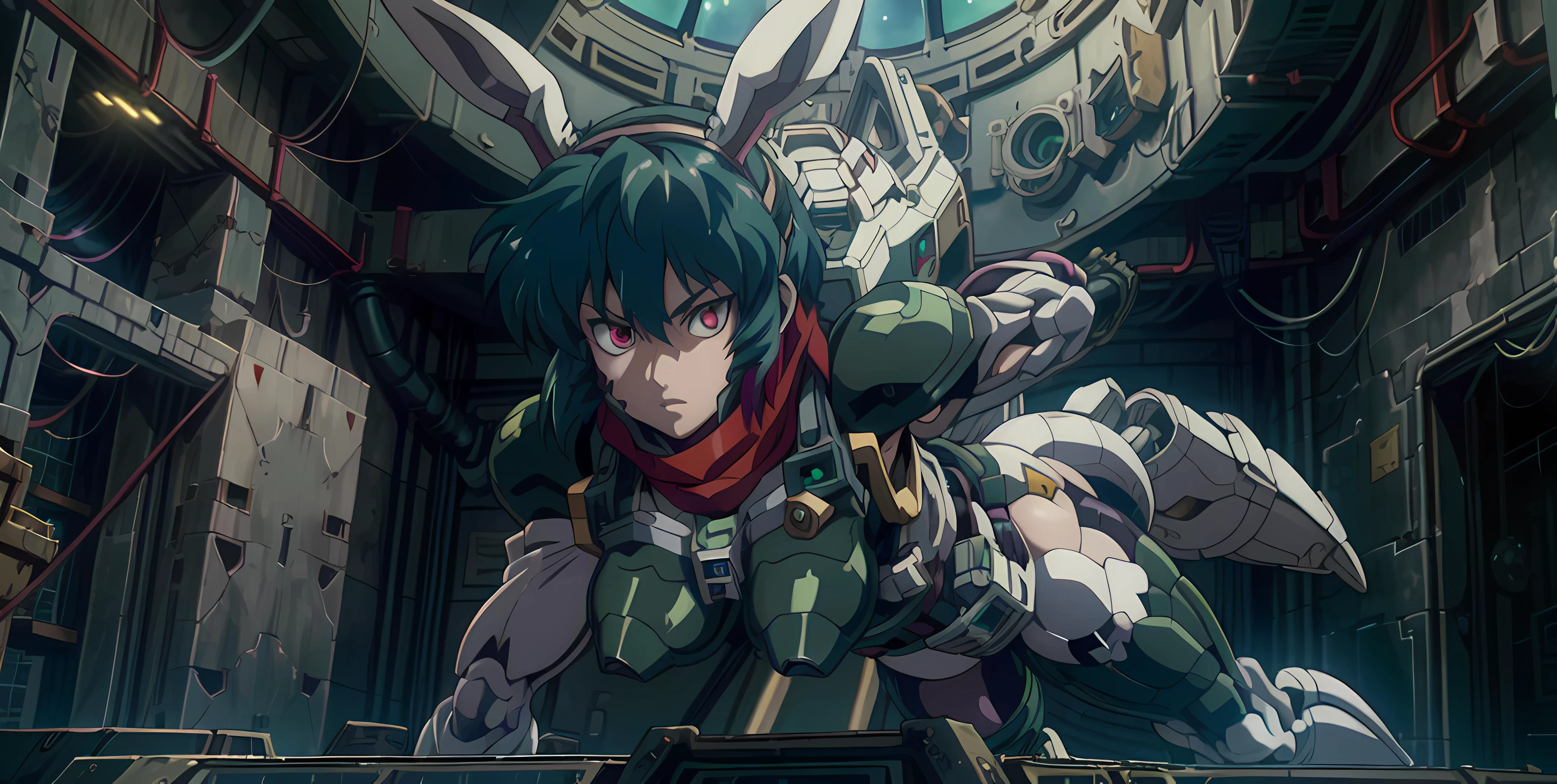 <lora:ReisenV1:0.5> reisen, rabbit ears, military uniform, solo, manga, headshot, bust, (portrait), (green hair), (red eyes), isometric, brass, white, holster, heavy machinery, shoulder pads, armor, scarf, window to space, space station, zero g, zaku II, gundam, <lora:Ghost in the Shell Style:0.65>, in space, jojo pose, solo, floating, <lora:add_detail:0.4>, female, one girl <lora:mecha_offset:0.98>, Full armor, mecha musume, greebles, detailed, two legs, clear face, floating, shell casings,