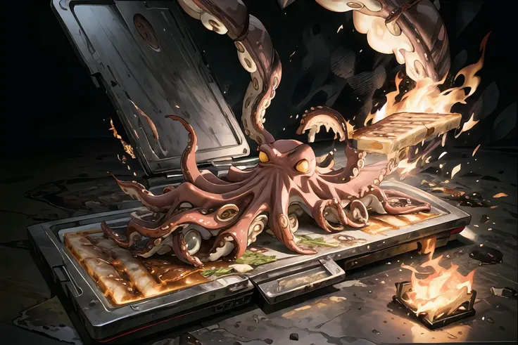 <lora:flat2:-1>, (grilled octopus), <lora:burning:1>, burning_labtop:1.2, <lora:octopus_v0.5:0.8>, burning:1.2, (flat octopus), (sandwiched octopus), food:1.4