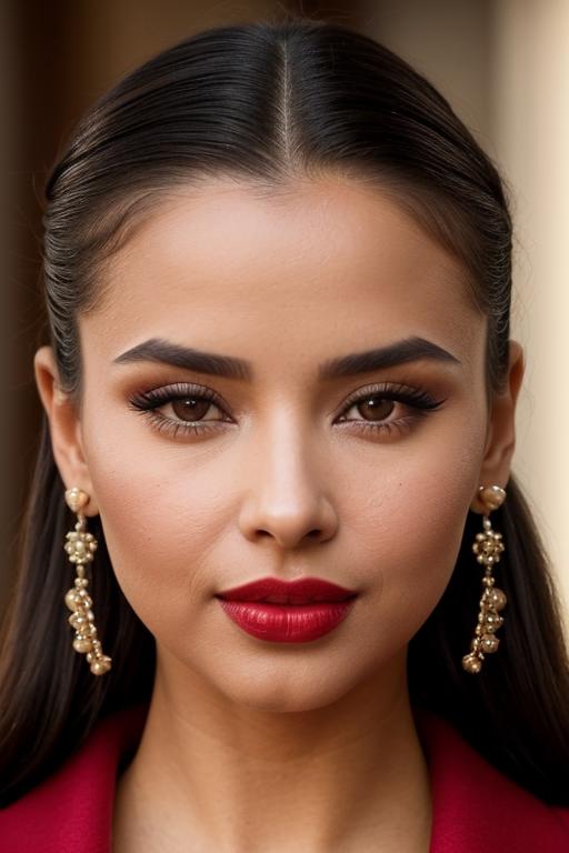 A woman with long hair wearing red lipstick and earrings - SeaArt AI