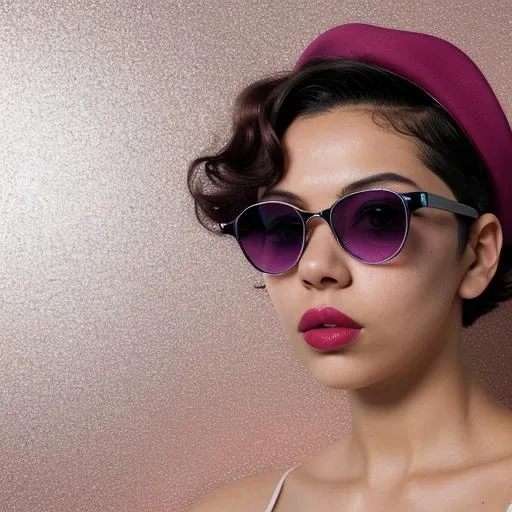 Underwater photography, Hispanic, young, woman, Short hair, Afro, Taper fade hair with waves, Burgundy hair, Hat,  Protruning eyes shape, Violet eyes, sunglasses, Round lips, Glossy red lips, Triangle face, Monochromatic makeup, Proud, Stocky body, Vogue pose, Reading book, Smart Casual dress, Short lighting, Bloom, Golden hour, Sunny, silver sparkle background, Desert background, Canon EOS M50, Aerial shot, Straight-on angle