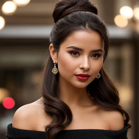 cinematic film still a woman with long hair and a black sweater, !updo hair, sexy girl with dark brown hair, stylized make-up on face, giant earrings, ð ð§ ð ð§, portrait of demi rose, brown hair in two buns, ad image, sexy red lips, stunnig, bulgari, a beautiful teen-aged girl, asian features . shallow depth of field, vignette, highly detailed, high budget, bokeh, cinemascope, moody, epic, gorgeous, film grain, grainy