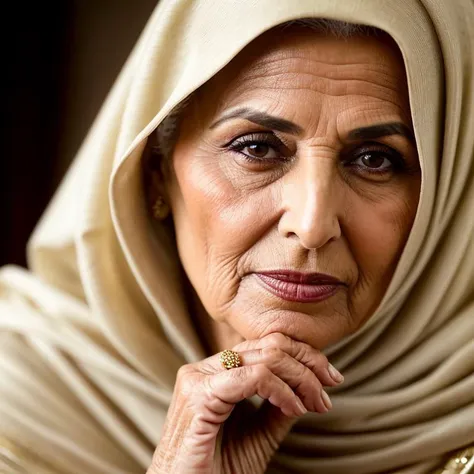 cinematic film still 60-Year-Old Arabic Elegance   Illustrate the elegance and grace of a 60-year-old Arabic woman, capturing the wisdom and beauty that come with age. . shallow depth of field, vignette, highly detailed, high budget, bokeh, cinemascope, moody, epic, gorgeous, film grain, grainy