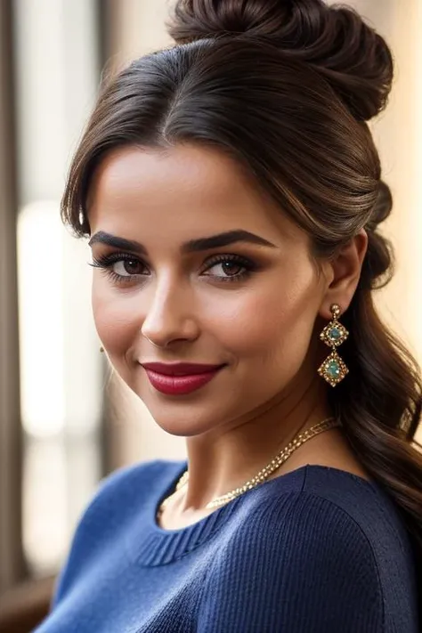 cinematic film still a woman smiling with long hair and a colord  sweater, !updo hair, sexy girl with dark brown hair, stylized make-up on face, giant earrings, ð ð§ ð ð§, portrait of demi rose, brown hair in two buns, ad image, blue lips, stunnig, bulgari, a beautiful teen-aged girl, russian features . shallow depth of field, vignette, highly detailed, high budget, bokeh, cinemascope, moody, epic, gorgeous, film grain, grainy