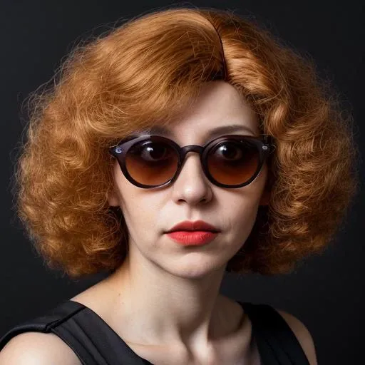 : Portrait photography, Eastern European, old, woman, Long hair, Afro, Afro taper fade, Chestnut hair, Wig, Almond eyes shape, Hazel eyes, sunglasses, Thin lips, Orange lips, Oblong face, Watercolor makeup, Happy, Lanky body, Sitting pose, Hainds above head, Business Formal dress, Harsh light, Lens flare, Afternoon, Partly cloudy, Classic black background, Dusk background, Olympus OM-D E-M1 Mark III, Cowboy shot, Horizontal angle