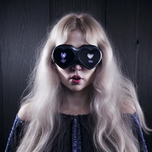 Black and White photography, Scandinavian, middle-aged, woman, Long hair, Wavy hair, Side-swept fringe, Strawberry Blonde hair, Hair bobbles, Upturned eyes shape, Amber eyes, virtual reality glasses, Heart-shaped lips, Purple lips, Round with Defined Cheekbones face, Edgy makeup, Angry, Large body, Running, Action scene, Party dress, Rembrandt lighting, Thunderstorms, Blue hour, Partly cloudy, silver sparkle background, Wooden wall background, Canon EOS RP, Tracking shot, Slightly above