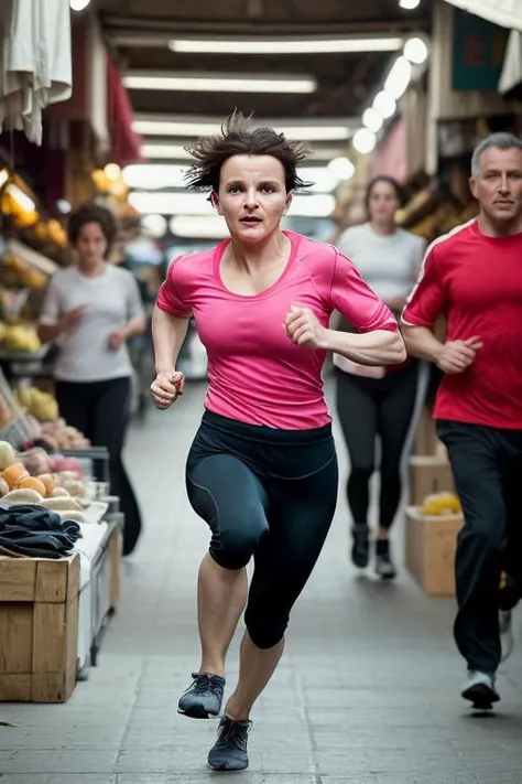 Capture the moment of Juliette Binoche actor running excited athletic clothing a paintbrush and canvas, placed at a busy market. The scene is lit with natural light and photographed using a cinema camera with a telephoto lens lens. Apply a glowing edges effect and enhance the lighting with softbox lights.