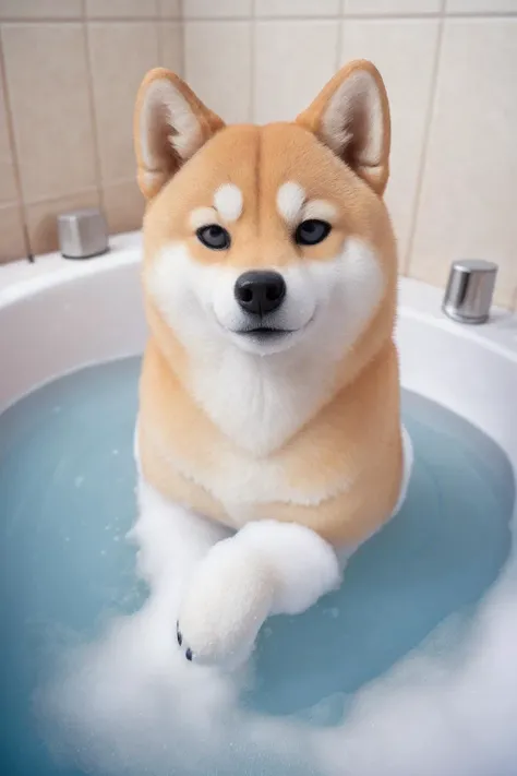 photo of 1shiba, shiba, centred, <lora:shiba_v1:0.8>, in the BATH, bubble bath, lots of bubbles, high quality photograph, bokeh, gobo light, rim light, volumetric light, shallow depth of field, analog, kodachrome, slight smile, <lora:Bath:0.75>, no human