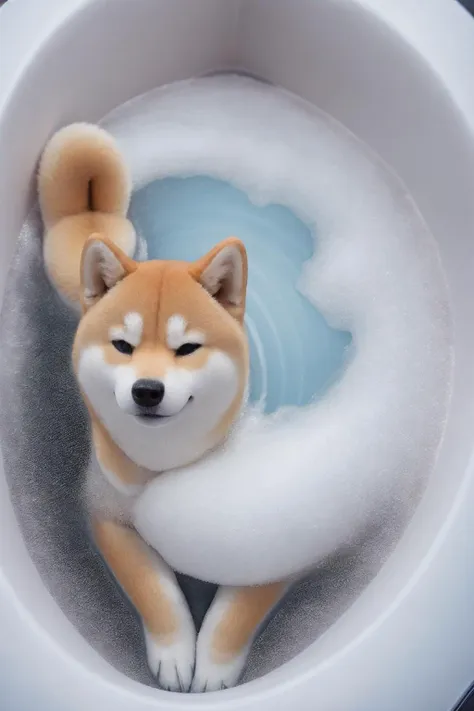 photo of 1shiba, shiba, centred, <lora:shiba_v1:0.8>,  in the BATH, bubble bath, lots of bubbles, high quality photograph, bokeh, gobo light, rim light, volumetric light, shallow depth of field, analog, kodachrome, slight smile,  <lora:Bath:0.75>, no human