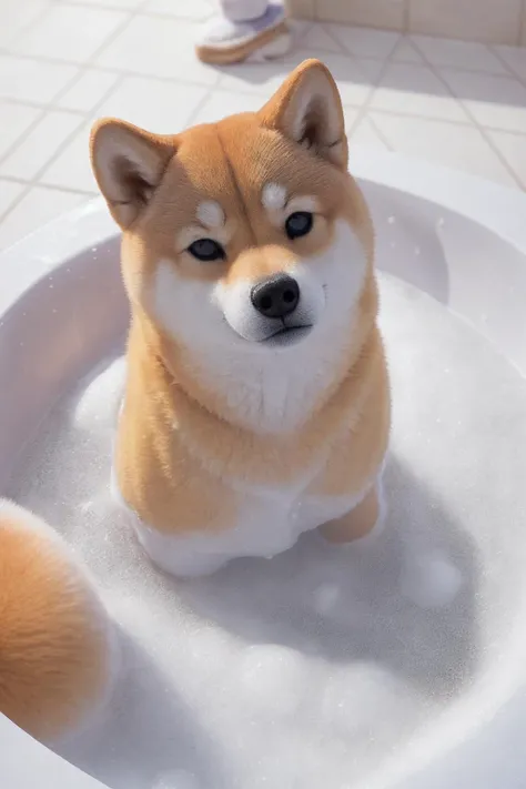 photo of 1shiba, shiba, centred, <lora:shiba_v1:0.8>, in the BATH, bubble bath, lots of bubbles, high quality photograph, bokeh, gobo light, rim light, volumetric light, shallow depth of field, analog, kodachrome, slight smile, <lora:Bath:0.75>, no human