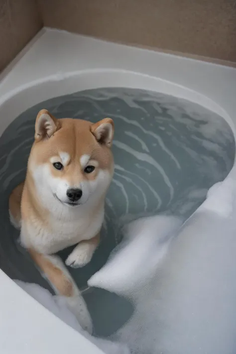 photo of 1shiba, shiba, centred, <lora:shiba_v1:0.8>,  in the BATH, bubble bath, lots of bubbles, high quality photograph, bokeh, gobo light, rim light, volumetric light, shallow depth of field, analog, kodachrome, slight smile,  <lora:Bath:0.75>, no human