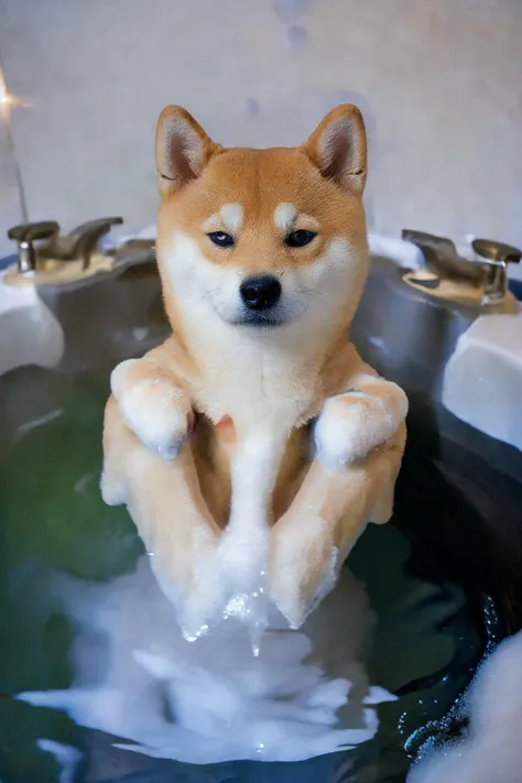 photo of 1shiba, shiba, centred, <lora:shiba_v1:0.8>, in the BATH, bubble bath, lots of bubbles, high quality photograph, bokeh, gobo light, rim light, volumetric light, shallow depth of field, analog, kodachrome, slight smile, <lora:Bath:0.75>, no human