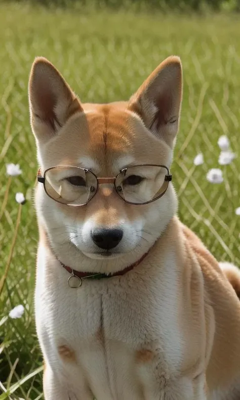 close up photo of a shiba, (((wearing glasses))),sunbathing, lazy,forest, haze, halation, bloom, dramatic atmosphere, centred, rule of thirds, 200mm 1.4f macro shot,<lora:shiba_v3-000003:0.7>