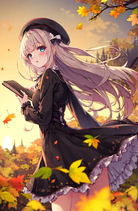 blurry, blurry_foreground, depth_of_field, fire, autumn, autumn_leaves, sunset, burning, explosion, 1girl, book, blurry_background, bow, leaf, orange_sky, hat, maple_leaf, holding_book, fireplace, ginkgo_leaf, blue_eyes, long_hair, flame, evening, long_sleeves, solo, beret, outdoors, holding, hat_bow, open_book, motion_blur, looking_at_viewer, eyebrows_visible_through_hair, holding_leaf, hair_bow, black_headwear, falling_leaves, frills, dress, white_bow, candle, bangs, orange_theme, floating_hair, very_long_hair, campfire, twilight, blush, wind, ribbon, parted_lips, virtual_youtuber, dusk, yellow_sky <lora:style_MISSILE228:1>