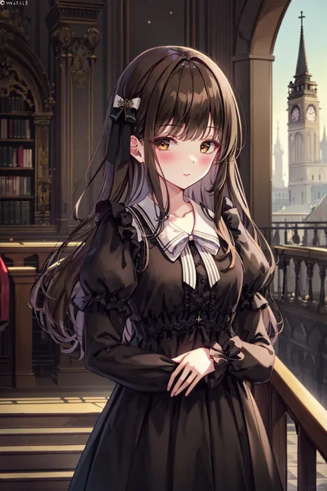 1girl, upper_body, building, blurry, bow, blurry_background, long_sleeves, solo, depth_of_field, dress, city, skyscraper, bangs, long_hair, black_bow, cityscape, brown_hair, eyebrows_visible_through_hair, looking_at_viewer, black_dress, sleeves_past_wrists, puffy_sleeves, outdoors, puffy_long_sleeves, closed_mouth, brown_eyes, frills, blush, church, standing, tower, blue_bow, railing, day, castle, photo_background, architecture, bridge, stairs, collarbone, library, indoors, bowtie <lora:style_MISSILE228:1>