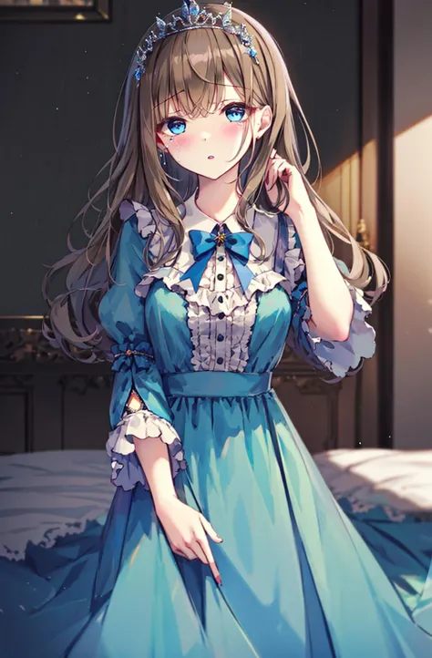 1girl, long_hair, dress, solo, bangs, bow, eyebrows_visible_through_hair, looking_at_viewer, parted_lips, blue_bow, own_hands_together, very_long_hair, blue_dress, blue_eyes, long_sleeves, tiara, wide_sleeves, blush, indoors, white_dress, frills, collarbone, tears, light_brown_hair, medium_breasts, lying, hand_up, breasts, short_sleeves, crown, hair_between_eyes <lora:style_MISSILE228:1>
