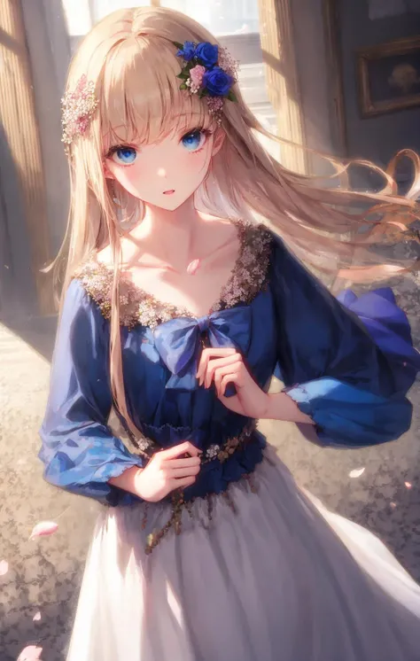 1girl, bangs, blonde_hair, blue_dress, blue_eyes, blurry, blurry_background, blurry_foreground, bow, branch, cherry_blossoms, collarbone, depth_of_field, dress, dutch_angle, eyebrows_visible_through_hair, flower, indoors, long_hair, long_sleeves, looking_at_viewer, own_hands_together, parted_lips, petals, pink_flower, rose, solo, very_long_hair, white_dress, white_flower, wide_sleeves <lora:style_MISSILE228:1>