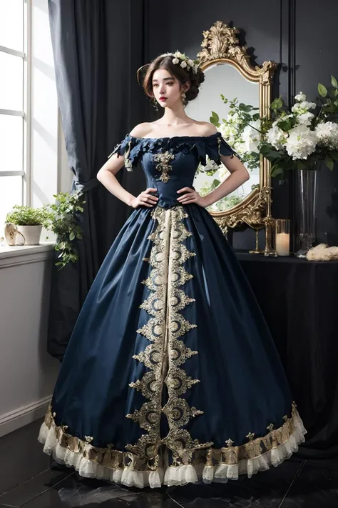 1girl, bare_shoulders, dress, solo, brown_hair, standing, full_body, hand_on_hip, blue_dress, chair, plant, off-shoulder_dress, victorian<lora:vic:0.8>