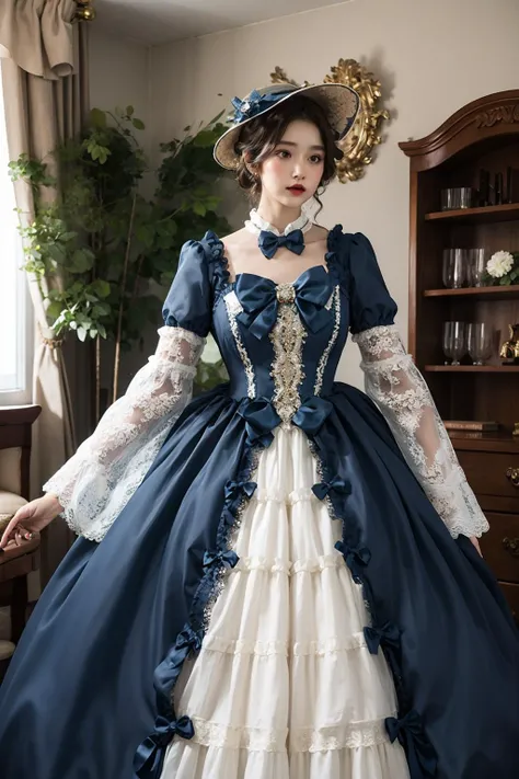 1girl, blue_bow, bow, dress, hat, hat_bow, jewelry, lace, lace-trimmed_dress, lace_trim, solo, long_sleeves, holding, frills, indoors, dark_skin, bowtie, dark-skinned_female, blue_dress, frilled_dress, lolita_fashion, head_out_of_frame, victorian <lora:vic:0.8>