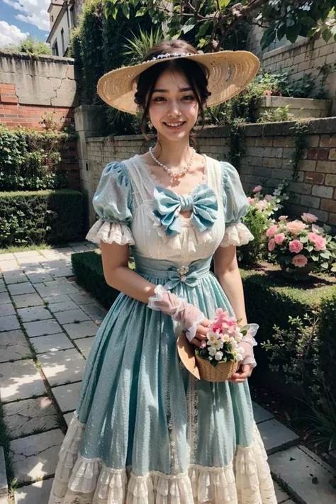 (realistic:1.3), finely detailed, quality, rembrandt lighting, (masterpiece:1.2), (photorealistic:1.2), (best quality), (detailed skin:1.3), (intricate details), dramatic, ray tracing, 1girl, japanese girl, 21 years old, detailed skin texture, (blush:0.5), (goosebumps:0.5), subsurface scattering, smiling, updo hair, parted bangs, pearl earrings, pearl necklace, sun hat, flowers on hair, medium breasts, victorian, long dress, frilled dress, bow, short sleeves, puffy sleeves, frills, lace trim, white lace_gloves, (outdoor, garden, bushes, clouds, bright sunny day, strolling), <lora:vic:0.8>