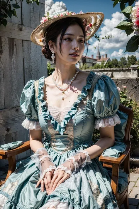 (realistic:1.3), finely detailed, quality, rembrandt lighting, (masterpiece:1.2), (photorealistic:1.2), (best quality), (detailed skin:1.3), (intricate details), dramatic, ray tracing, 1girl, japanese girl, 21 years old, detailed skin texture, (blush:0.5), (goosebumps:0.5), subsurface scattering, smiling, updo hair, parted bangs, pearl earrings, pearl necklace, sun hat, flowers on hair, medium breasts, victorian, long dress, frilled dress, ribbons, short sleeves, puffy sleeves, frills, lace trim, lace_gloves, cowboy shot, (outdoor, garden, bushes, clouds, bright sunny day, lavish chair, aristocrat mansion), <lora:vic:0.8>