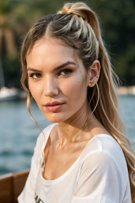 RAW, real photo portrait, evaBarg1, on a boat, (wearing a wet white t-shirt), pretty face, insanely detailed eyes, light blonde hair, high ponytail, bokeh, natural light, depth of field, golden hour, sharp focus