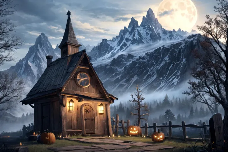 (spellboundshacks:1.2), cauldron, pumpkin, tombstone, graveyard, fence, mountain, bare tree, night, full moon, <lora:Spellboundshacks:0.6>