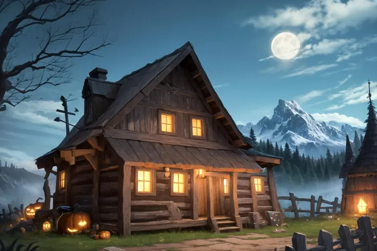 (spellboundshacks:1.2), cauldron, pumpkin, tombstone, graveyard, fence, mountain, bare tree, night, full moon, <lora:Spellboundshacks:0.6>